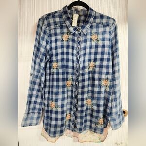 Aratta Blue Checkered Shirt with Floral Details